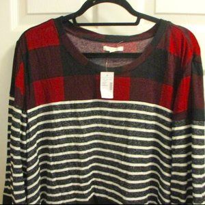 Maurces 3X Sweater Black and White Stripe with Red and Black Plaid Shoulder